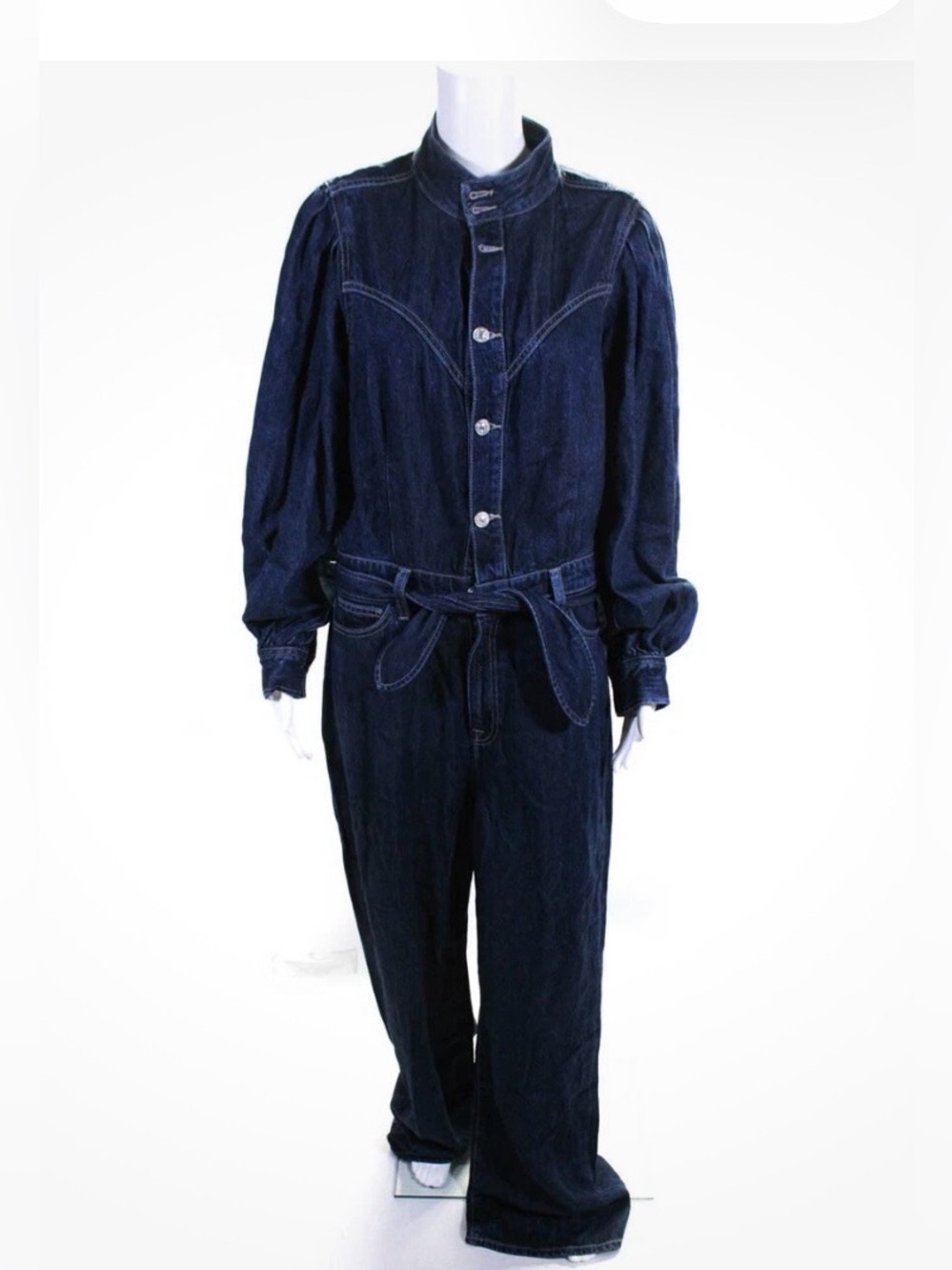 7 For All Mankind Women’s Denim Jumpsuit Large Dark Wash Wide Leg Belted - Picture 2 of 16